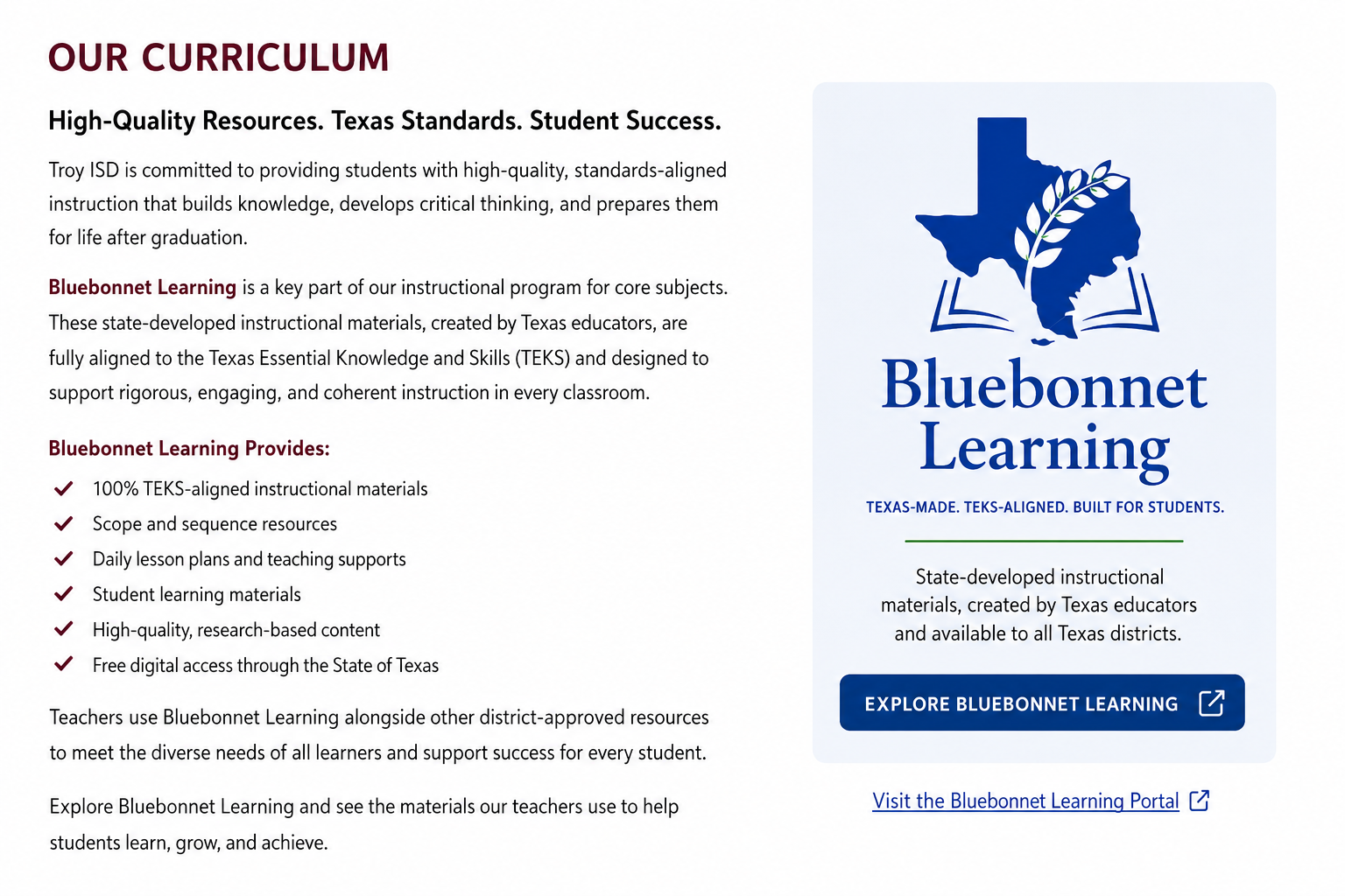 A promotional image for Bluebonnet Learning detailing curriculum features, including TEKS-aligned materials and free digital access.